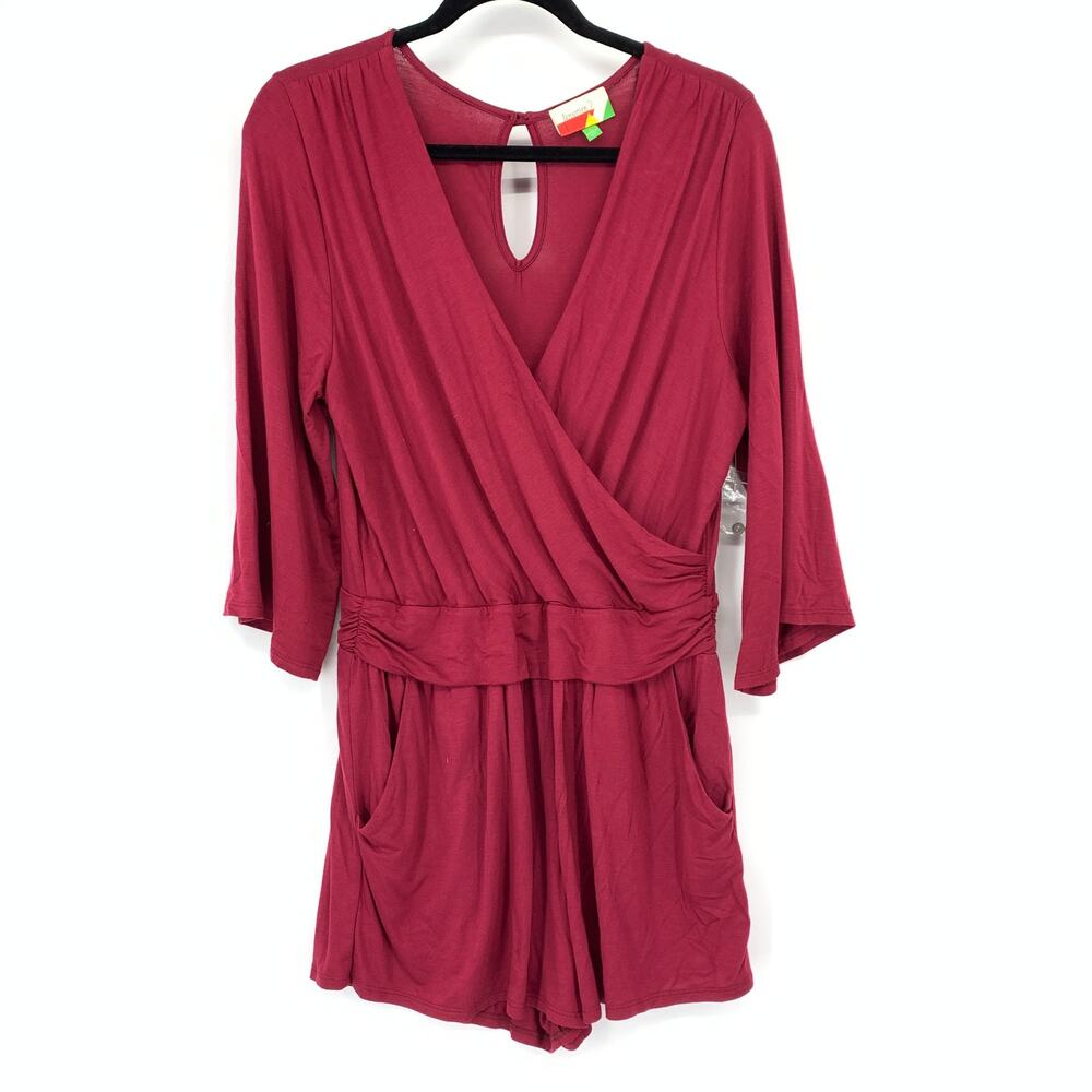 Modcloth Fervour 3/4 Sleeve Surplice Neckline Romper Womens Size Large Maroon